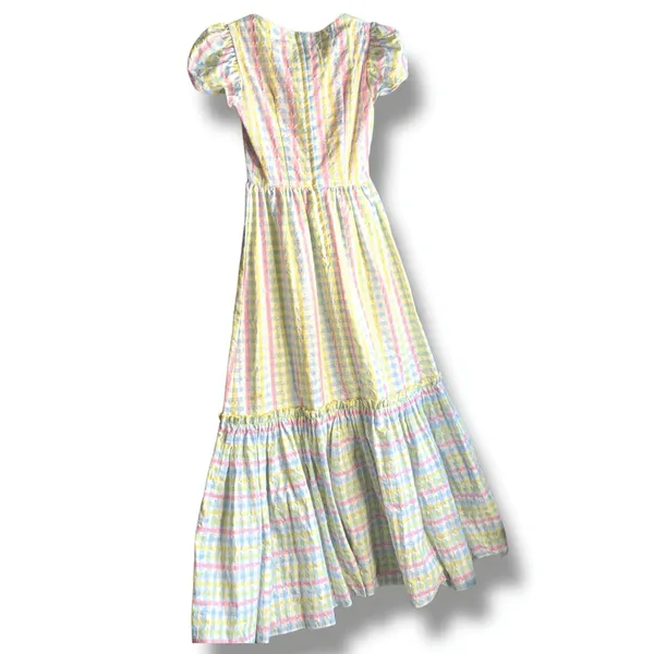 Vintage 70s Pastel Gingham Smocked Maxi Dress‎ Puff Sleeve Cottagecore Romantic - Image 8