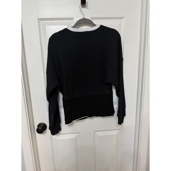 Zara Black White Ribbed‎ Knit Button Shoulder Sweater Womens Large Nautical Crew - Image 7