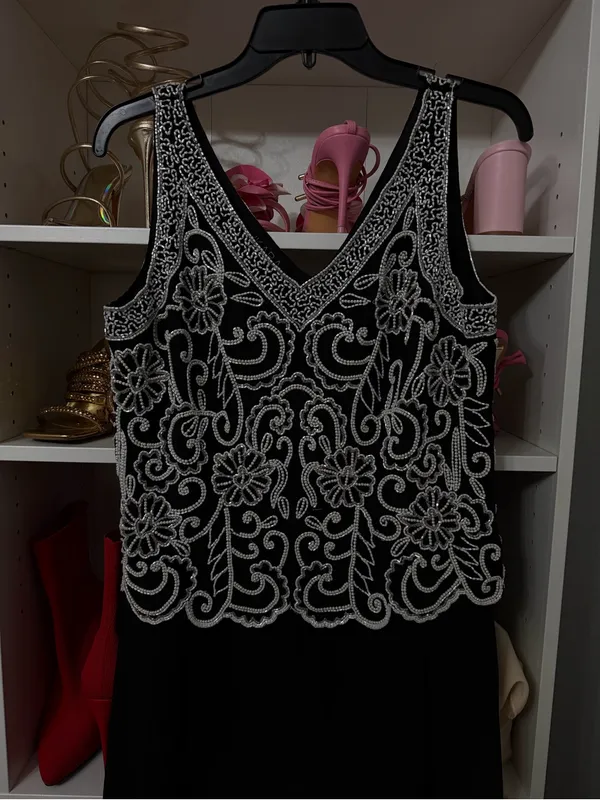 J Kara Black Maxi Dress with White Beaded Floral Bodice - Image 3