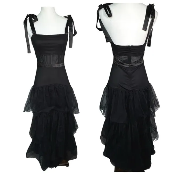 LULUS NWT Mystique Black Tulle Tie-Strap Tiered Maxi Dress Formal XXS - Image 6