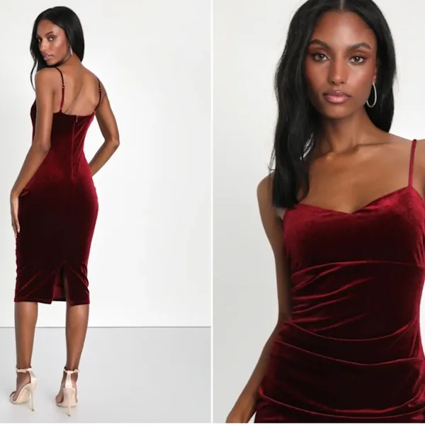 LULUS Sexy Prom Wedding Holiday Elegant Chic Shimmer Velvet Cocktail Midi - Image 5