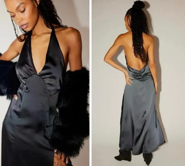 NWT Free People Women's Large Black Halter Slit Silky Dance Til Dawn Maxi Dress - Image 2