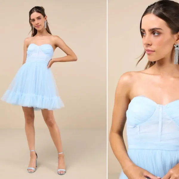 LULUS Sexy Prom Wedding Bustier Cocktail Party Tulle Mesh Ruffle Mini Dress - Image 2