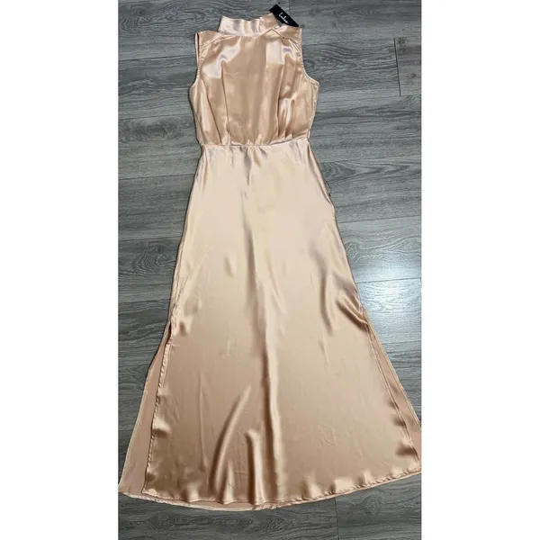 Lulus Maxi Dress S Champagne Satin Mock Neck Sleeveless Side Slit Rose Gold Prom - Image 7