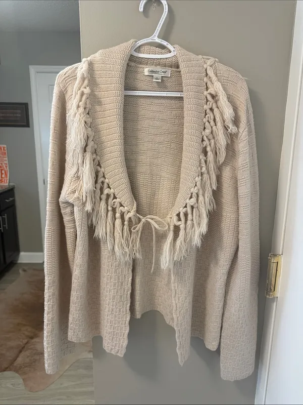 Vintage Coldwater Creek Western Boho Cardigan Sweater Tassels Cream Large L - Image 2