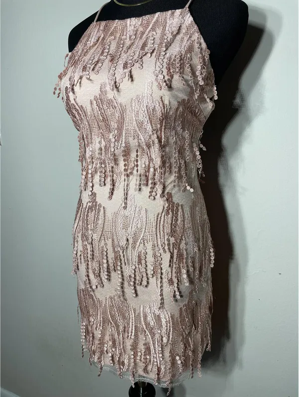 Lulus Making Magic Blush Pink Fringe Lace-Up Mini Dress XS - Image 4