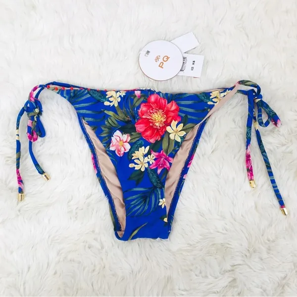 PILYQ Anthropologie Blue Floral Side‎ Tie Triangle String Bikini Bottom XS New - Image 2