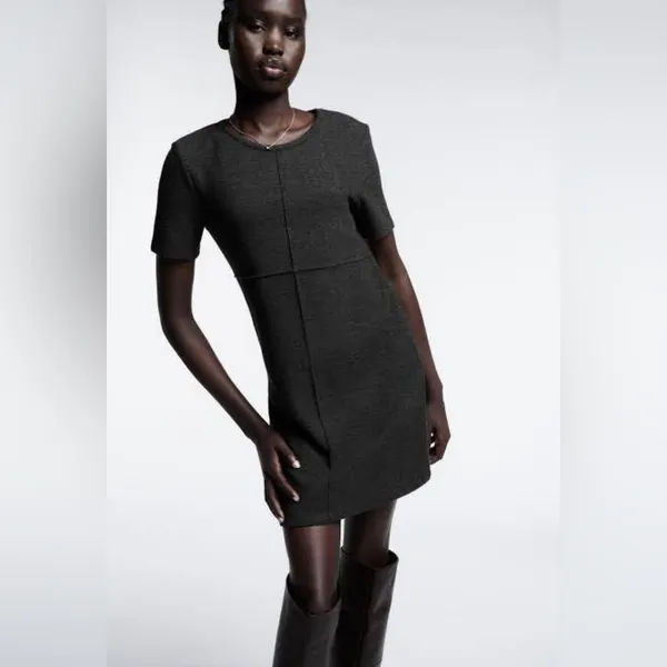ZARA Dark Gray Short‎ Sleeve Crewneck Cotton Blend Soft Mini Dress Size Small - Image 8