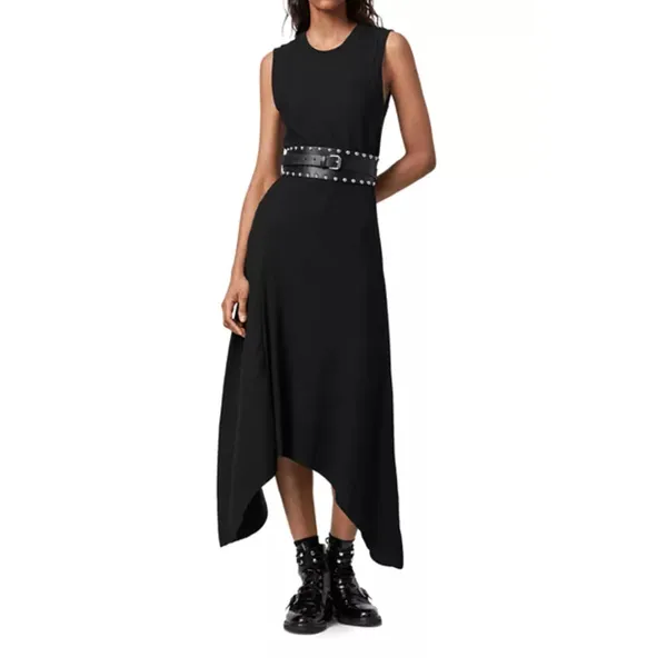 AllSaints Gia Black Asymmetric Midi Dress Ribbed High Low Size 6 - Image 4