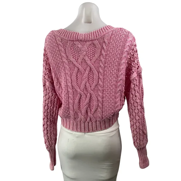 Anthropologie Pilcro Pink Cable Knit V Neck Cropped Button Cardigan Sweater XSP - Image 3