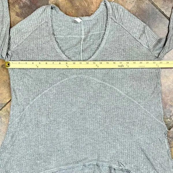Free People Waffle Knit Thermal Distressed Drippy Asymmetrical Long Sleeve Top S - Image 7
