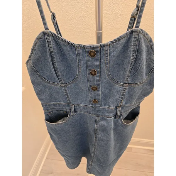 Heart & Heels Medium Denim Bustier Dress Button Sweetheart Stretch Jean Mini M - Image 3