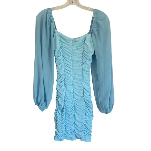 Hello Molly‎ Light Blue Ruched Mini Dress Square Neck Bishop Sleeve Size US 2 XS - Image 4