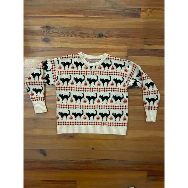 Source Unknown Halloween Sweater XL Black Cat Pumpkin Jack O Lantern Cream Knit Pullover - Image 4
