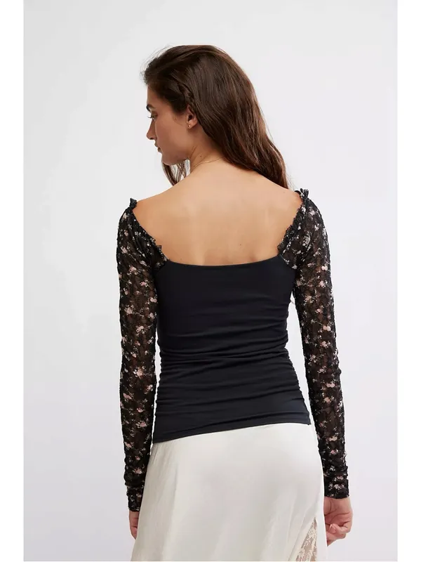 Free People Dainty Coquette Scoop Neck Josie Long Lace Sleeve Top Black Large - Image 3