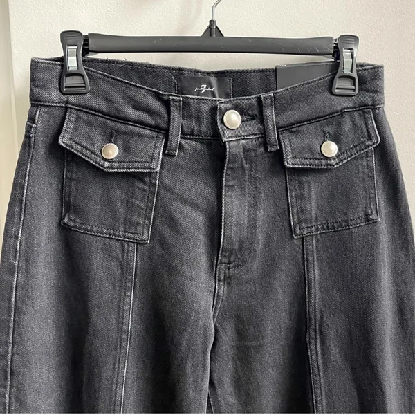 7 For All Mankind Lotta Jeans Womens 26 Black Wide Leg Patch Pocket Seamed Denim - Image 5