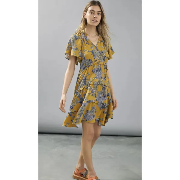 By Anthropologie Robin Tiered Mini Dress Small Yellow Floral Paisley Boho‎ Flowy - Image 11
