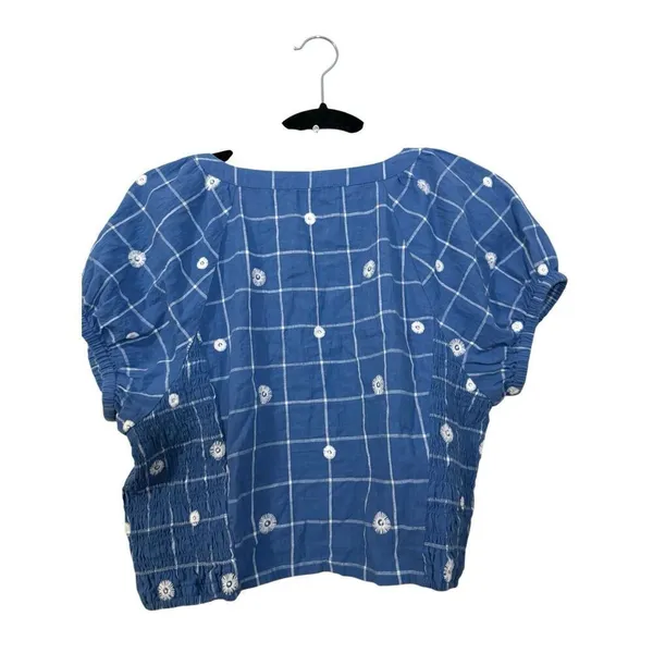 Madewell embroidered puff sleeve crop top in windowpane size 10 - Image 4