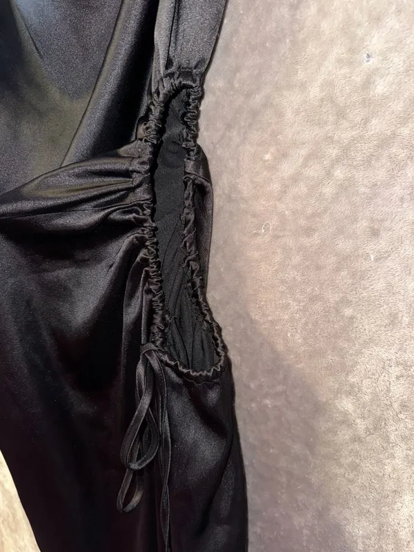 PRETTYGARDEN Black One Shoulder Satin Ruched Cutout Midi Dress Size L - Image 4