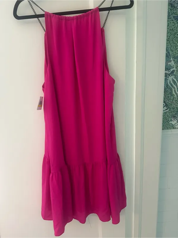 Amanda Uprichard nwt hot pink dress drop waist lined chain halter ruffle MEDIUM - Image 10