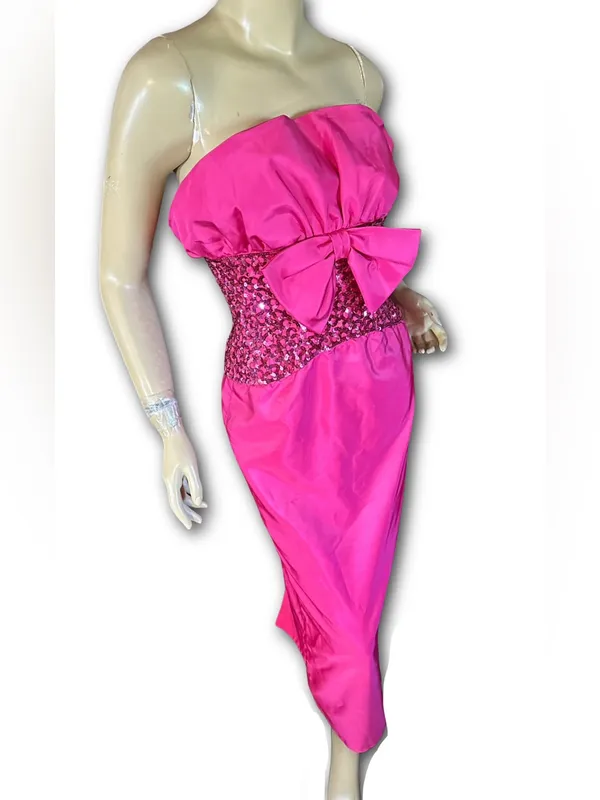 Vintage 1980'S Hot Pink Mike Benet Strapless Satin & Rhinestone Formal Dress (Xs - Image 6