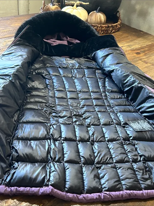 Long Quilted Purple Puffer Coat with Faux Fur Hood - Image 7