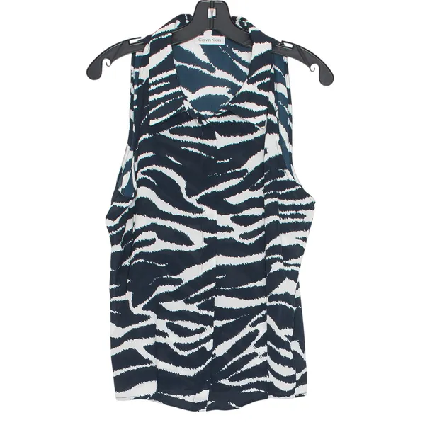 NEW Calvin Klein Top Zebra Y2K Animal Safari Coquette Button Up Blue White Large - Image 7