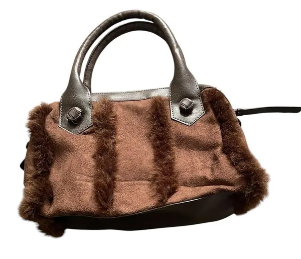 EUC Vintage Y2K Chocolate Brown Faux Fur and Suede Women's Satchel Handbag - Image 2