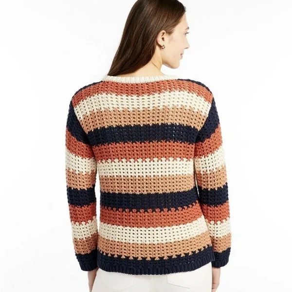 LL Bean Colorful Stripes Sig Bailey Island Chunky Cotton Pullover Sweater‎ LARGE - Image 2