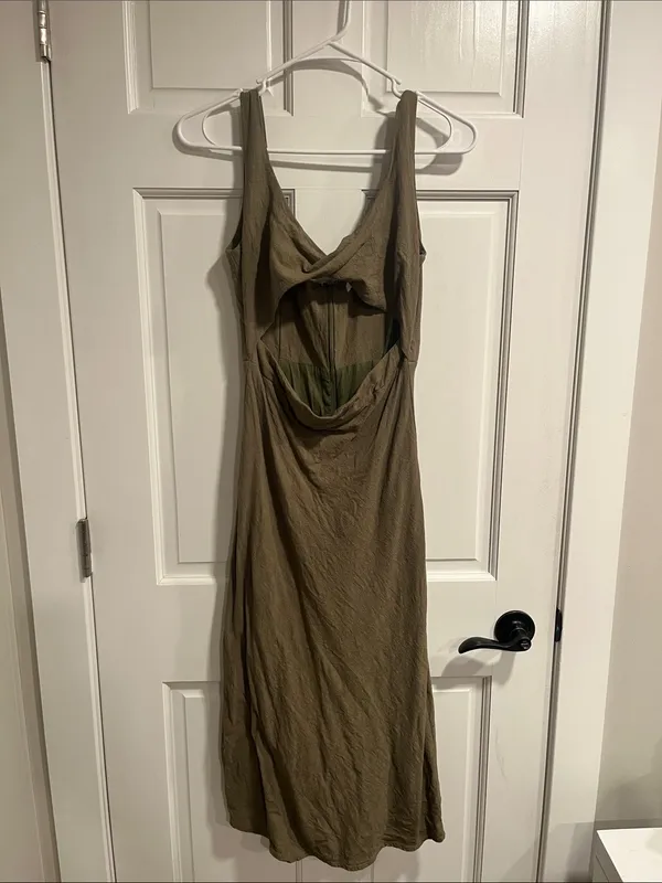 MABLE Cotton Open Front Twist Midi Dress In Olive Size Medium - Image 3