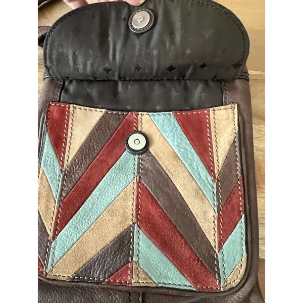 Fossil Maddox patchwork mini crossbody bag purse flap leather suede herringbone - Image 3