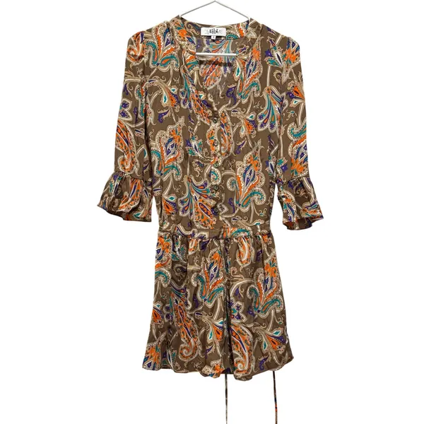 Tibi 100%‎ Silk Paisley Mini Dress Women 4 Brown Orange Ruffle Sleeve Boho Y2k - Image 2