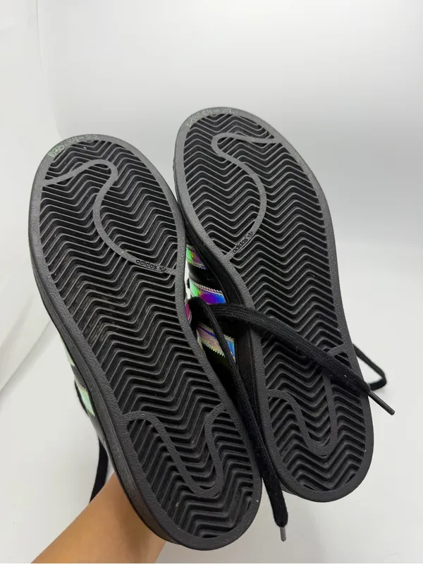 adidas Black Superstar Sneakers with Iridescent Stripes Size 7.5 - Image 5