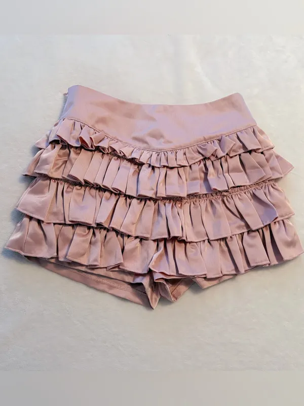 Japanese Kawaii Y2K Cottagecore Silky Dusty Pink Layered Ruffle Mini Skirt Skort - Image 6