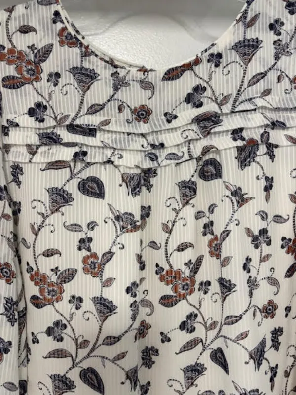 LOFT M White Floral Striped Pleated Yoke Lined Peasant Blouse Neutral Feminine - Image 2