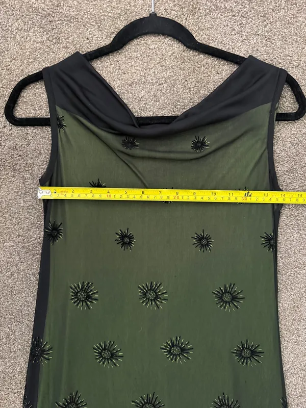 Sleeveless Olive Green Maxi Dress with Black Embroidered Overlay - Image 4