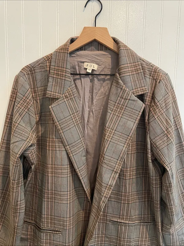 POL Oversized Single Breasted Button Plaid Boyfriend Blazer Relaxed Size M - Image 4