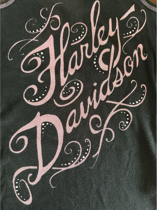 Harley Davidson Womens Small Black Ribbed Tank Top Pink Graphic Rhinestones Y2K - Image 3