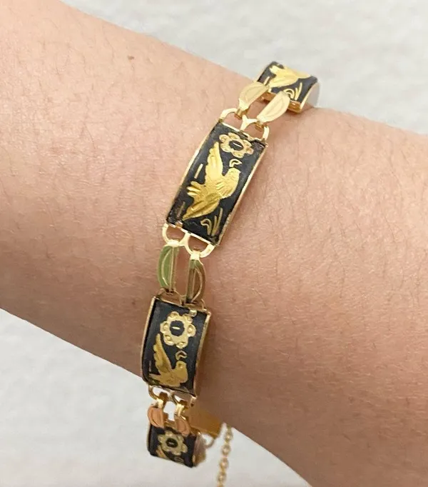 Vintage Damascene Gold-tone Enameled Birds & Flowers Link 8” Bracelet 16.3g - Image 3