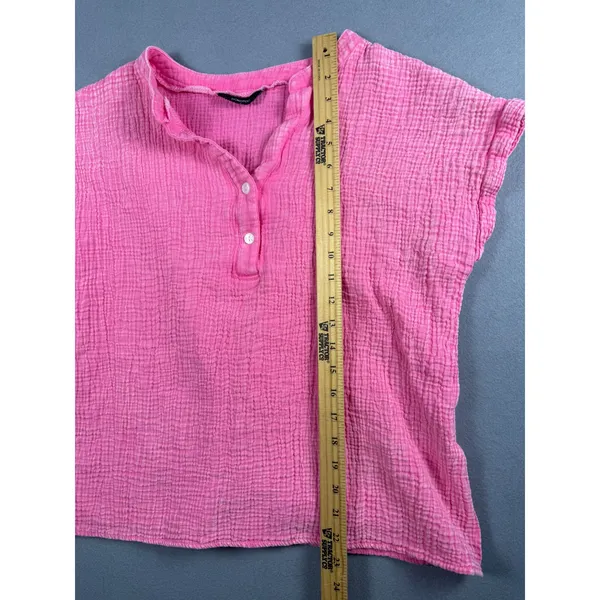 Dokotoo Womens Pink Cotton Gauze Henley Short Sleeve Crinkle Top Large L - Image 3