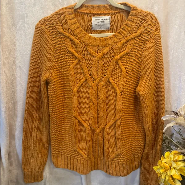 Abercrombie & Fitch Cable Knit Sweater Gold Orange Crewneck size M Women - Image 3