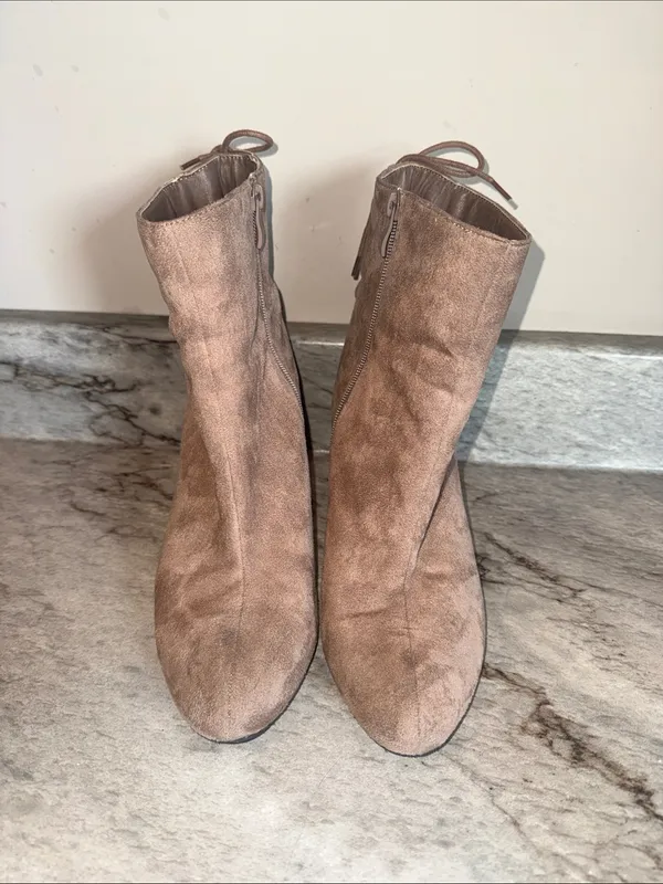 2 Lips Too Taupe Suede Wedge Ankle Boots with Lace-Up Back - Image 3