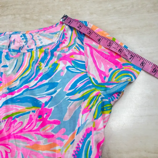 Lilly Pulitzer Pink Blue Floral Shift Dress Short Sleeve Knit Boat Neck Size M - Image 7