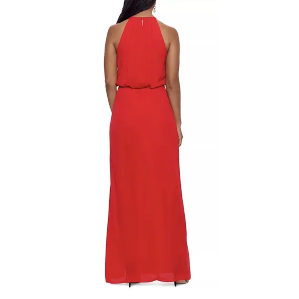 NEW XSCAPE Red RUFFLE‎ CHIFFON Gold Metal NECKLINE Halter EVENING Dress GOWN 4 - Image 2