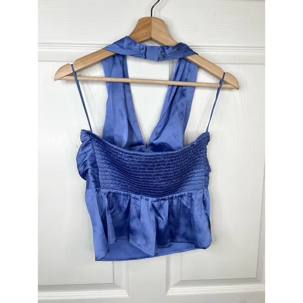 French Connection Blue Satin Halter Top Womens Size XS Smocked back - Image 2