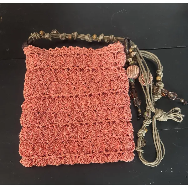 Vintage Cappelli Studio Inc Coral Crochet Macrame Shoulder Bag Beaded Boho Purse - Image 2