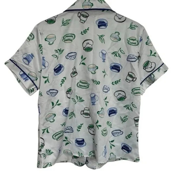 Kate Spade Blue Green Novelty Coffee Print Satin Pajama‎ Top Cozy Feminine XS - Image 5