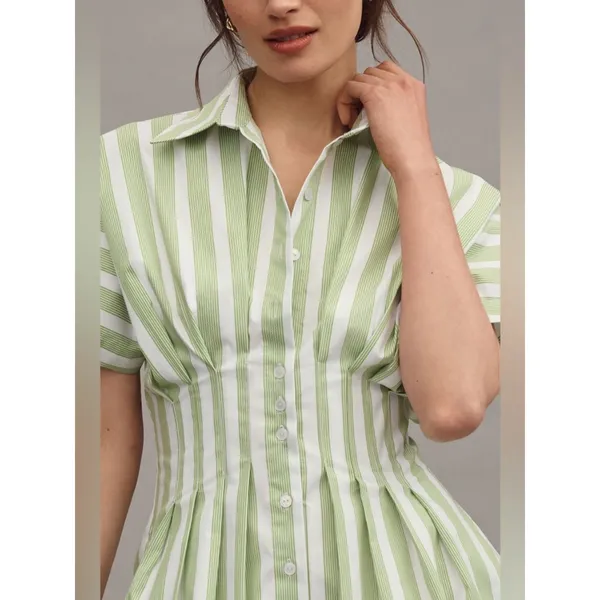 Exquise Tobie Green Striped Button Front Pleated Mini Shirtdress Medium New NWT - Image 4