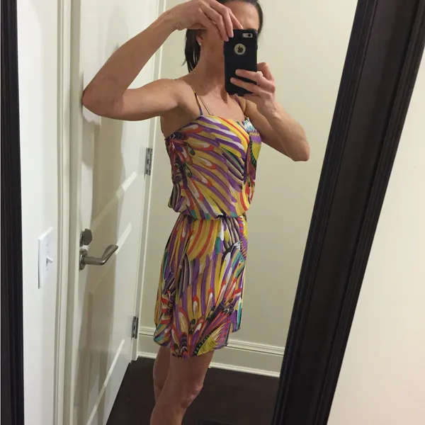 Groovy Multicolored Spaghetti Strap Short Dress with Cinched Waist Sz S - Image 8