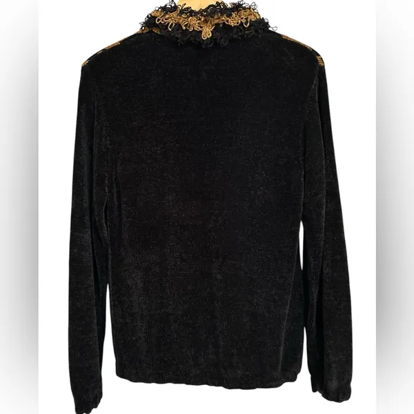 Lisa International Zip‎ Sweater Womens Gold Black Argyle Chenille Frilly 90s Y2K - Image 4
